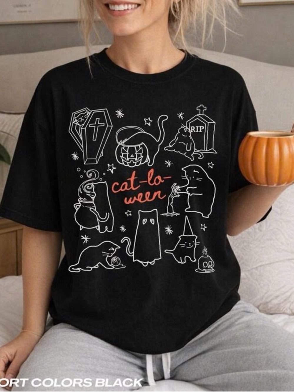 Gildan Black 'Cat-lo-ween' Graphic Tee with White & Orange Print